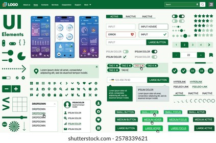 A modern UI kit featuring a collection of buttons, icons, navigation menus, and responsive design elements. Includes login forms, media players, search bars, and calendars, ideal for apps, websites