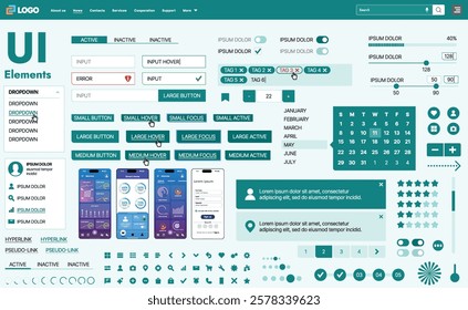 A modern UI kit featuring a collection of buttons, icons, navigation menus, and responsive design elements. Includes login forms, media players, search bars, and calendars, ideal for apps, websites