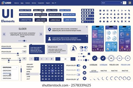 A modern UI kit featuring a collection of buttons, icons, navigation menus, and responsive design elements. Includes login forms, media players, search bars, and calendars, ideal for apps, websites