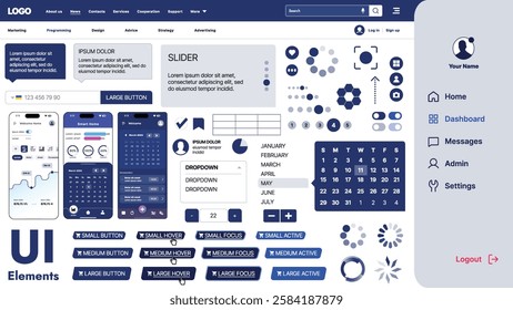 A modern UI kit featuring a collection of buttons, icons, navigation menus, and responsive design elements. Includes login forms, media players, search bars, and calendars, ideal for apps, websites