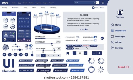 A modern UI kit featuring a collection of buttons, icons, navigation menus, and responsive design elements. Includes login forms, media players, search bars, and calendars, ideal for apps, websites