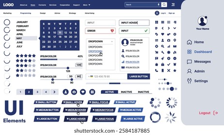 A modern UI kit featuring a collection of buttons, icons, navigation menus, and responsive design elements. Includes login forms, media players, search bars, and calendars, ideal for apps, websites