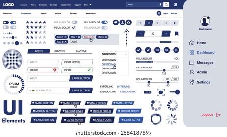 A modern UI kit featuring a collection of buttons, icons, navigation menus, and responsive design elements. Includes login forms, media players, search bars, and calendars, ideal for apps, websites