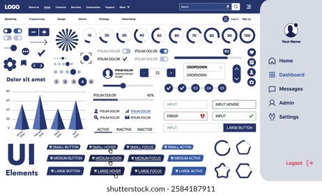 A modern UI kit featuring a collection of buttons, icons, navigation menus, and responsive design elements. Includes login forms, media players, search bars, and calendars, ideal for apps, websites