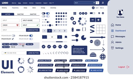 A modern UI kit featuring a collection of buttons, icons, navigation menus, and responsive design elements. Includes login forms, media players, search bars, and calendars, ideal for apps, websites