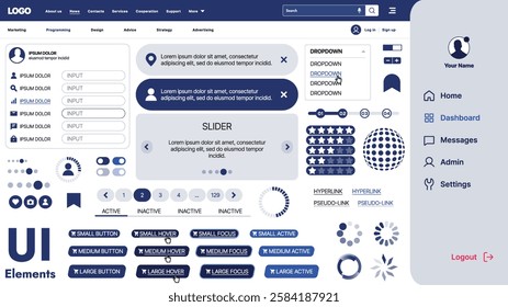 A modern UI kit featuring a collection of buttons, icons, navigation menus, and responsive design elements. Includes login forms, media players, search bars, and calendars, ideal for apps, websites