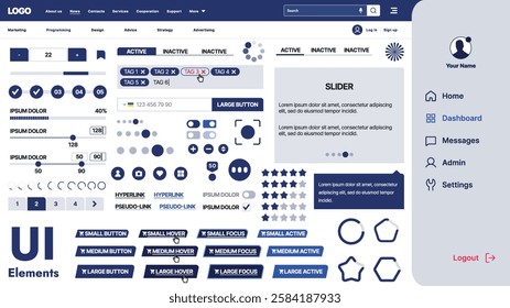 A modern UI kit featuring a collection of buttons, icons, navigation menus, and responsive design elements. Includes login forms, media players, search bars, and calendars, ideal for apps, websites