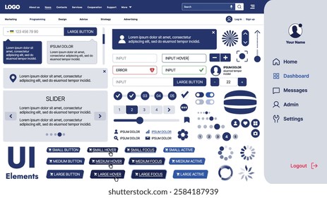 A modern UI kit featuring a collection of buttons, icons, navigation menus, and responsive design elements. Includes login forms, media players, search bars, and calendars, ideal for apps, websites