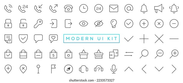 Modern UI Kit - Shopping and ecommerce icons set. Set of shopping bag, buy cart, delivery, payment, contact us, map location, user, arrows, online assistant and other ui elements and icons