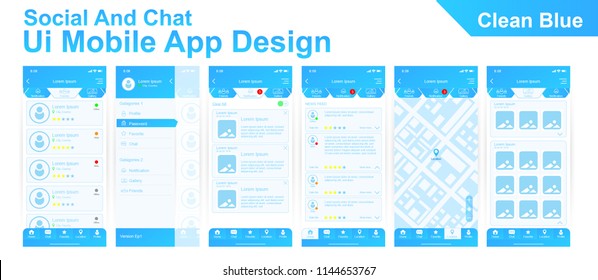 Modern Ui mobile app design of social and chat user interface, hamburger menu, map, notification, home screen, favorite, profile. Clean Blue Theme. Vector EPS10 template.