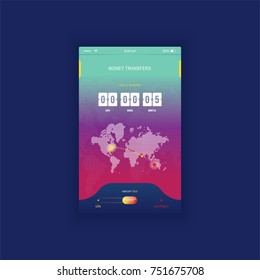 Modern UI. Mobile app for online transfer money with timer countdown. UX application and flat web icons with world map. Flat vector illustration EPS 10.