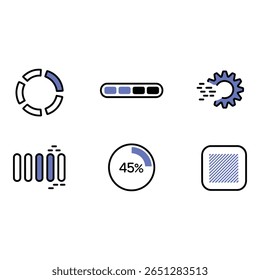 Modern UI Progress Icons Loading Percentage Gear and Bar Indicators in Blue and Black