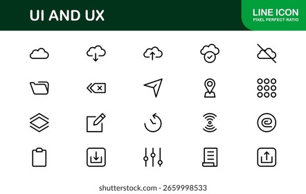 Moderne UI UX Design Icon Kollektion mit minimaler Linienkunst für Prototyping, Interface Layout, App Navigation und Web User Experience Projekte