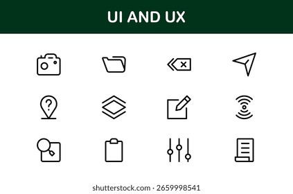 Modern UI UX Design Icon Collection with Minimal Line Art for Prototyping, Interface Layout, App Navigation, and Web User Experience Projects