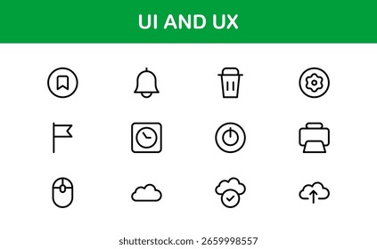 Modern UI UX Design Icon Collection with Minimal Line Art for Prototyping, Interface Layout, App Navigation, and Web User Experience Projects