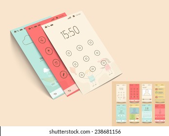 Modern UI, UX and GUI template layout including Lock Pattern, Home Page, Calling, Chat, Weather, Calendar and Music Player Screens for Responsive Website Design and Mobile Apps. 