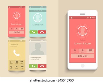 Modernes UI-, UX- und GUI-Template-Layout mit verschiedenen Calling Screens in verschiedenen Farboptionen für mobile Apps und reaktionsfähige Websites.