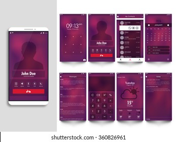 Modern UI, UX and GUI template layout including Calling, Lock Pattern, My Contacts, Calendar, Messaging, Calculator, Weather, and Notes Screens for Mobile Apps and Responsive Website.