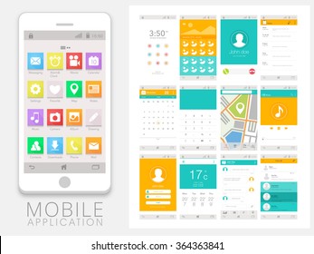 Modern UI, UX, GUI template with flat web icons for Mobile Apps and Responsive Website including Lock Screen, Gallery, Calling, Calendar, Calculator, Map, Music Player, and Messaging Screens.