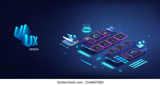 Modern UI UX KIT design. The process of creating a mobile app interface, scenes, programming and usability, interaction with active blocks. UI, UX KIT tools. Modern Mobile App design 3D. isometric