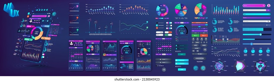 Modern UI, UX, KIT and Web elements set. Infographic, charts, statistic graphics template. Diagram mockup dashboard with chart graphic and infographic. Visualization information UI, UX, KIT. Vector	
