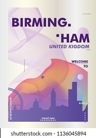 Modern UK United Kingdom Birmingham skyline abstract gradient poster art. Travel guide cover city vector illustration