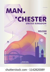 Modern UK United Kingdom Manchester skyline abstract gradient poster art. Travel guide cover city vector illustration