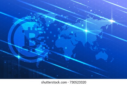 Modern Ultra HD Crypto Currency Bitcoin Mining Global Network Technology Banner Illustration With World Map Background