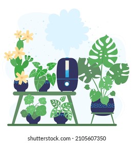 Modern Ultrasonic Humidifier With Houseplants. Climate Equipment For Home And Office. Household Appliances To Maintain The Level Of Humidity In An Apartment Or Office.  Vector Illustration.