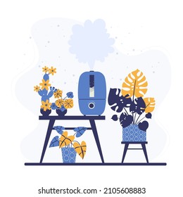 Modern ultrasonic humidifier. Humidifier and houseplants. Climatic equipment for home and office. Modern humidifier in the interior. Vector illustration in a flat style.