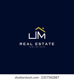 logotipo inmobiliario moderno de letra UM de estilo lineal con simple edificio de techo azul