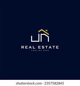 modern UN letter real estate logo in linear style with simple roof building in blue