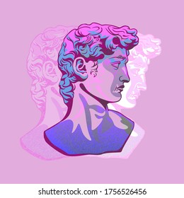 Modern underground bust David. Antique masterpiece sculpture David by Michelangelo decorated in modern underground color style bright graphic surreal arnuvo vector art classic renaissance.