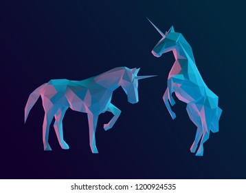 Modern Unicorn Isolated Vector Illustration Set on Dark Background 3D Low Poly Rendering
