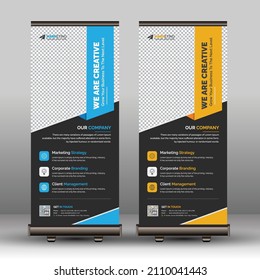 Modern Unique Corporate Roll Up Banner Template Example Sample, Modern Business Signage Standee X Banner Pop Up Design Download with Creative Shapes and Idea