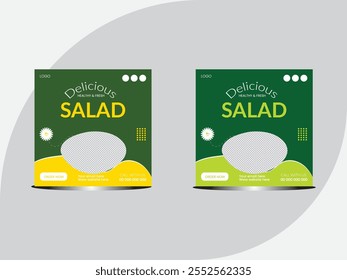 Modern Unique Delicious Salad social media post design. Healthy salad social media post with leaf ornament and green color background