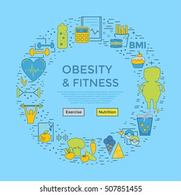 Modern unique design - obesity and fitness flyer or banner, landing page for medical site, card, poster template. Linear style. Vector illustration.