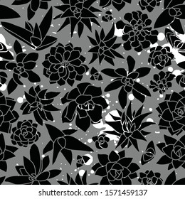 Modern and Unique Mono Succulent Wall Seamless Pattern in Black, Grey and white splashes of color