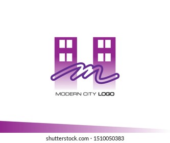 Modern, Unique and Simple Logo Template for City, Building or Real Estate with Handwriting Letter M Alphabet. This Logo Consist of Copple Hotel Icon in Purple Color. Suitable for Hotel Company