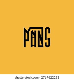 A modern and unique typographic logo for the brand PANG, featuring bold black letters on a yellow background.
