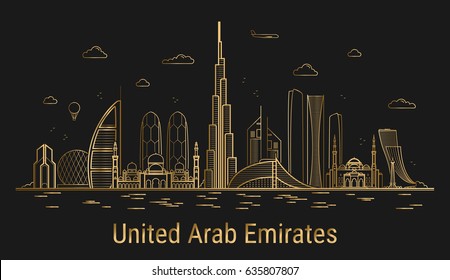 Modern United Arab Emirates line art, golden architecture vector illustration, skyline, all famous buildings.