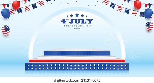 Modern united states of america 4th of July sale, discount, product display, 3d stage banner template with balloons, bunting decoration. Blank, empty, copy space, vector design.