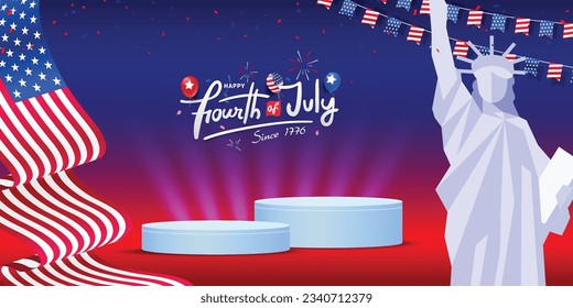 Modern united states of America 4th of July sale, discount, product display, 3d cylindrical shape banner template with bunting and usa waving flag decoration. Blank, empty, copy space, vector design.