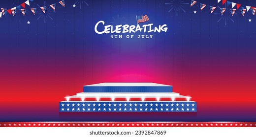 Modern united states of America 4th of July sale, discount, product display, 3d stage banner template with bunting and USA waving flag decoration. Blank, empty, copy space, vector design.