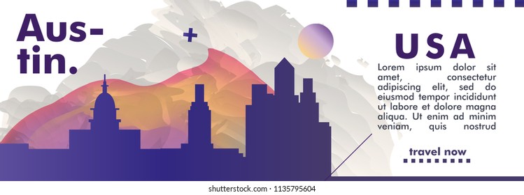 Modern United States of America USA Austin Texas skyline abstract gradient website banner art. Travel guide cover city vector illustration