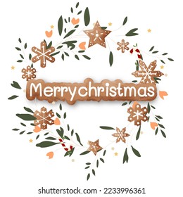 Modern universal art Happy Christmas day corporate holiday card with gingerbread and invitation template. Floral frame and background design. Vector illustration