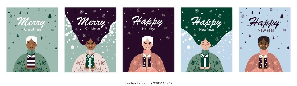 Modern universal art templates. Corporate holiday cards with a person, a gift, Christmas trees, snowflakes and snow. Vector illustration. Marry Christmas and Happy New Year