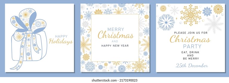 Modern universal artistic square templates. Merry Christmas Corporate Holiday cards and invitations with beautiful snowflakes in modern line art style on white background. Xmas vector decoration