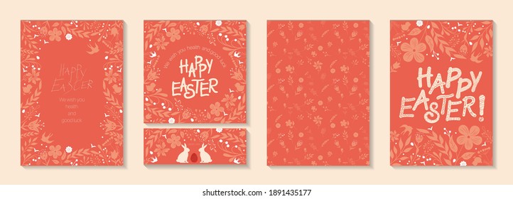 Modern universal artistic templates and seamless pattern. Happy Easter Holiday cards and banners. Floral frames and backgrounds design. Wishes happiness, health and good luck. Vector illustration.