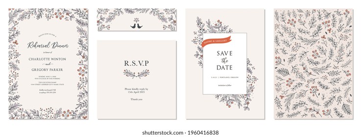 Modern universal artistic templates. Wedding invitations and corporate Holiday cards. Floral frames and backgrounds design. Good for birthday, bridal and baby shower. Vector illustration.